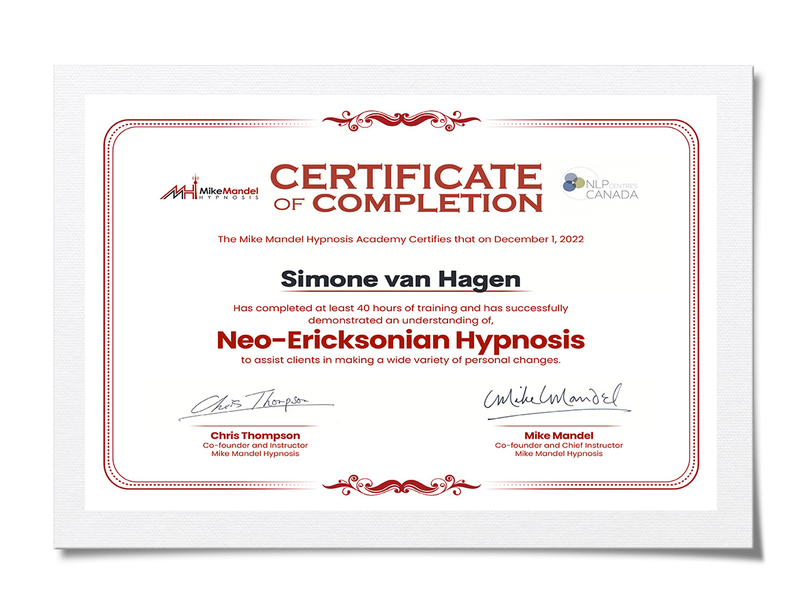 Neo Ericksonian Hypnosis Certificate Simone van Hagen